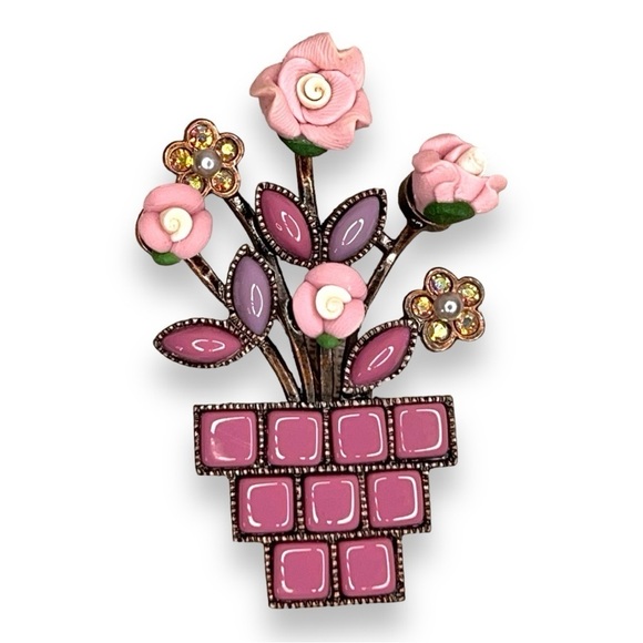 VINTAGE POTTED PLANT FLORAL BROOCH ENAMEL PORCELAIN ROSE PINK FUCHSIA - Picture 1 of 8